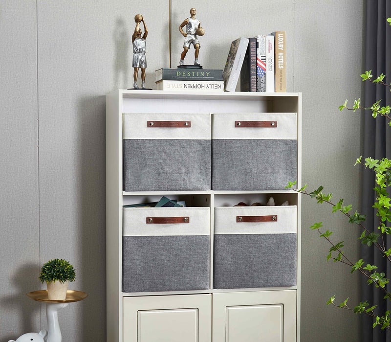DECOMOMO Fabric Cube Storage Bins - Storage Baskets for Shelves, Cube Storage Organizer for Kallax and Cubbies (Grey & White, 13 inch Cube) - 4 Pack - Image 4